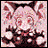 Pixelated anime-style character with pink hair and red eyes, wearing a dark outfit with white accents, positioned next to black background with white text.
