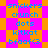 Pixelated text labels in cyan on alternating orange and magenta backgrounds with visible animation changes between frames.