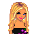 Pixel art contact sheet of a summer-themed animated icon featuring a blonde doll in black bikini with purple flowers, showing full body and partial views across 13 frames on white background with pink text bubbles.