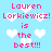 Pixelated text on light blue background with white heart shapes, repeating 'Lauren Lorkiewicz! is the best!!!' in pink letters.