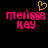 Pixelated text 'melissa KAY' in bright pink with a yellow heart symbol above the left text block on a black background.