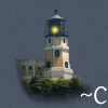 Animated lighthouse on a rocky island with greenery, light flashing in sequence, accompanied by changing text below.