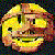 Pixelated yellow and orange cartoon face with wide eyes, a broad smile showing teeth, and dark pupils against a multicolored pixel grid background.