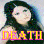 A static image of a person with long dark hair wearing a black sleeveless top, with the word "DEATH" in bold yellow letters outlined in pink at the bottom left.