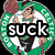 A circular green and white icon with a basketball player in a green jersey, holding a basketball above his head. The word 'suck' is overlaid on the image.
