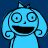 Pixelated blue cartoon character with large circular eyes, a wide open mouth, and curly hair against dark blue background.