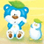 Pixelated cartoon character with blue ears and green hat, white body, brown nose and feet, standing on yellow background next to smaller version of itself.