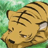 Static pixel art of a tiger's head with closed eyes, brown fur, black stripes, and green background.