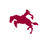 Four red silhouettes of a rider on a bucking horse arranged in a against a gray background, each showing distinct motion phases
