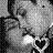 A low-resolution grayscale pixel art icon depicting a stylized face with abstract shapes and high-contrast shading, featuring a heart symbol in the lower right corner.