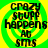 Green and yellow spiral background with black text reading 'crazy stuff happens at sms' in a pixelated font.