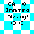 Pixelated text and symbols on a blue-and-white checkered background with animated pattern variations.