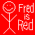 A static pixel art icon features a white stick figure with a smiling face on the left and 'Fred is Red' text in blocky white letters on the right against a solid red background.