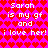 Pixelated text repeats 'Sarah is my gf and I love her!' on a pink background with red hearts.