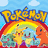 Pixelated image with yellow background, blue text, and Pokémon characters under a rainbow.