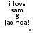Static black-and-white pixel art displays "i love sam & jacinda!" text with varying punctuation symbols below each instance across three