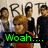 A pixelated group image with overlaid text in various colors, showing a woman in red and men behind her against a wall with 'RiOT' graffiti.