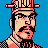 Pixelated 48x48 static icon of a man with dark hair and mustache wearing a pink-and-black checkered shirt, black headband, and red hat against solid blue background.