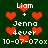 Pixelated green background with red hearts and repeated white text reading "Liam + Jenna 4ever 10-07-07ox" in a pattern