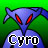 Pixelated blue alien figure with red eyes and a rounded body against green gradient background, displaying 'CYRO' text in blocky white letters.