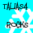 A static image with a bright cyan background featuring white snowflake shapes and black text reading "TALIAS4" above "ROCKS."