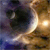 A pixelated image shows a dark, rounded shape with a bright curved edge against a gradient background of blue and brown tones.