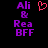Pixelated purple text 'Ali & Rea BFF' on black background with a red heart symbol above the ampersand in one frame.