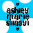 Blue background with white cloud shapes and four black pixelated hearts; text reads 'ashley marie sliggy' in three lines.