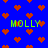 Blue background with red pixelated hearts and green text reading 'MOLLY' in four positions, each instance of the name slightly offset from others.