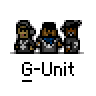 Animated contact sheet of a pixel art buddy icon showing four characters in various poses with text bubbles and animation effects across 15 frames.