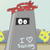 Pixelated gray figure with red headband, white eyes on black rectangle, and light blue text below; yellow circular shapes in background.