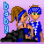 Pixel art buddy icon featuring two cartoon characters embracing on a purple background with blue text and red hearts.