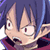 Pixelated anime-style character face with spiky blue hair, wide eyes, and open mouth against dark background.
