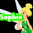 Pixelated fairy character with blonde bun, green dress, white wings; text 'Sophie' in bright green on left side.