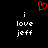Red pixelated heart symbol above two identical white text blocks reading 'i love jeff' on black background.