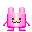 Six pixelated pink bunny figures with black eyes and mustache-like mouths in various poses on gray background.