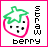 Pixelated strawberry icon with green leafy top, pink outline, black dot eyes and mouth, vertical 'straw' text on right, 'berry' text below.