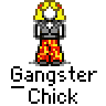 Animated contact sheet of a pixel art character labeled 'Gangster Chick' with 14 frames showing different poses and weapon holds against a gray background.