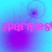 Pixelated blue background with purple circular sparkles and pink text reading "sparkies!" repeated across the image.