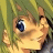 Pixelated anime-style character with green hair and blue eyes, side profile facing right, next to black background with white text.
