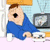 Animated cartoon character in blue robe seated at table with coffee cup and plate, expression changes from open mouth to closed smile across frames.