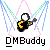 Pixelated icon shows a black figure with yellow crescent on chest, white circular head, and dark limbs holding an object, surrounded by pink and blue pixel streams against gray background.