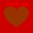Red background with four brown hearts arranged in a , each heart topped by red pixelated text reading 'love ya'