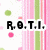 Pixelated text reads "R.O.T.I. = Rhythm of The Islands!!" over a background with pink vertical stripes, green dots, and small red accents.