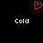 Red pixelated heart symbol above two white 'Cold' text instances on black background.