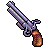 Pixel art depiction of a revolver with a checkered barrel, metallic purple body, and brown wooden grip against a solid gray background.