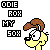 Pixel art icon with four black-and-white text blocks and a cartoon character on the right.