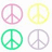 twelve peace sign icons in pink, yellow, green, and gray arranged in four and three on a white background