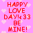 Pixelated red text on pink background with white hearts, repeating 'HAPPY LOVE DAY! < 33 BE MINE!' in two vertical