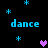 Pixelated blue text "dance" appears four times on a black background, surrounded by blue star shapes and purple heart shapes.